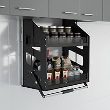 2 Tier Pull-Down Organizer, High Cabinet Drop Down Shelf Blind, Kitchen Vertical Lifting Dish & Spice Rack System With Removable Basket, Bear 22-33lbs,Black-13.8x11.2x26.4in