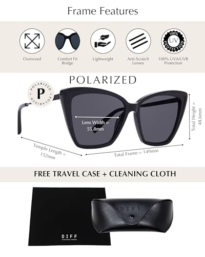DIFF Becky II Designer Oversized Cat Eye Sunglasses for Women UV400 Protection, Black Fashion Frames3