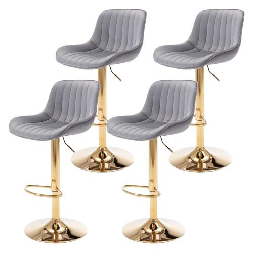 Image of ECHINGLE Velvet Bar Stools Set of 4 - Swivel Counter Height Barstools with Back & Adjustable Height, Modern Gold Kitchen Island Stools for Bar, Armless Pub Stools, Soft Grey Upholstered Seating