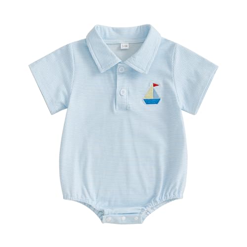Image of Gueuusu Newborn Baby Boy Summer Outfit Sailboat Embroidery Short Sleeve Lapel Button Up Romper Loose Fit Striped Jumpsuit (Blue, 12-18 Months)