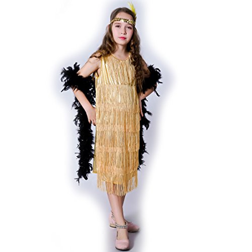 flatwhite Girl 's Fashion Flapper Satin Dress Costume for Children (10-12 Y, Gold)