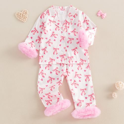 Toddler Baby Girl Satin Pajamas Set Fuzzy Trim Button Down Sleep Shirt Top Pants Bottoms Sleepwear Loungewear Set (X Pink, 3-4 Years) - Thumbnail 3