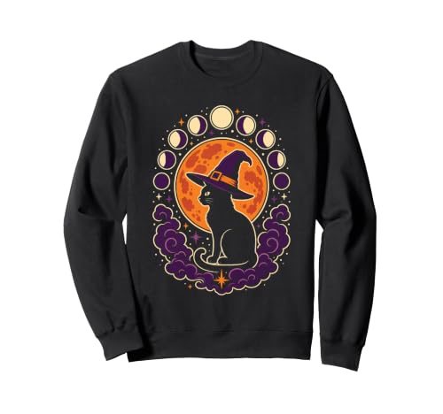 Image of Halloween Black Cat Witch Hat Full Moon Cute Silhouette Sweatshirt