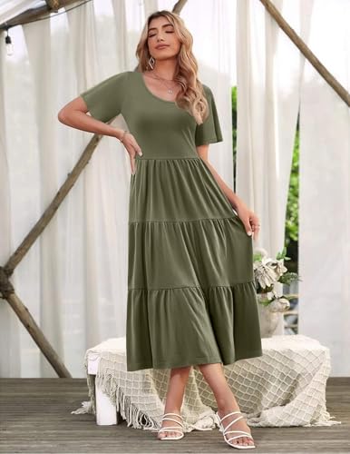 Image of Zeagoo Women Summer Casual Short Sleeve Crewneck Aline Swing Flowy Tiered Midi Beach Long Dress Trendy Sundress Army Green