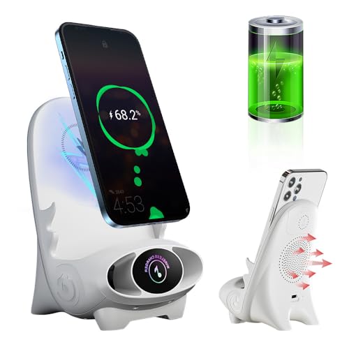 Mini Chair Wireless Fast Charger Multifunctional Phone Holder, Wireless Cell Phone Charging Stand, 3 in 1 Wireless Charging Dock Station with Musical Speaker Function for All Phones (White)