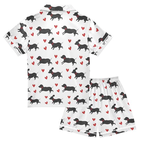 Cute Black Dachshund with Heartss Summer Satin Pajama Set, Cute Button-Down Sleepwear Pj Set for Sleep Wears2