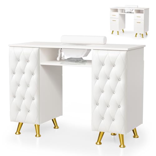 White Tufted Manicure Table with Dust Collector