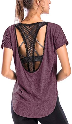 Womens Workout Tops Basic Tees for Women Activewear T-Shirt Open Back Short Sleeve Yoga Summer Wine Red