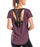 Womens Workout Tops Basic Tees for Women Activewear T-Shirt Open Back Short Sleeve Yoga Summer Wine