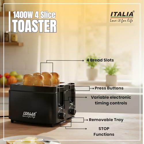 Image of ITALIA 4-Slice Pop Up Toaster for Home Kitchen | 1400W Fast Heating Electric Bread Toaster Machine with 6 Browning Controls, Removable Crumb Tray & Cool Touch Body (Black, 1 Year Warranty)