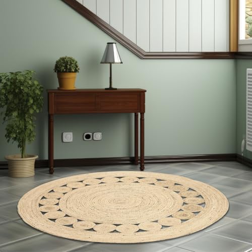 Image of Rounds Jute Carpet - Handwoven Natural Fiber Rug for Living Room, Bedroom, Entryway | Boho Chic Eco-Friendly Area Rug | Rustic Designer Floor Mat:-(Jute Tikki Border, 4x4 feet