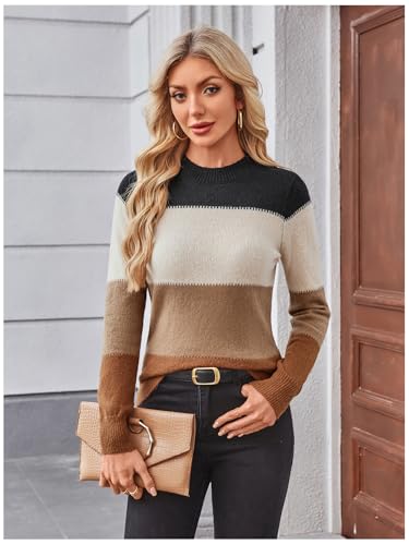 Image of WDIRARA Women's Color Block Sweaters Long Sleeve Mock Neck Tops Loose Knitted Pullover Sweater