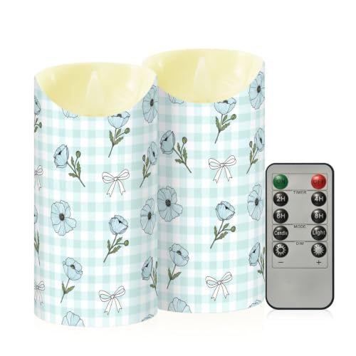 Velas LED sin llama a cuadros azules y flores decorativas con mando temporizador pack de 2