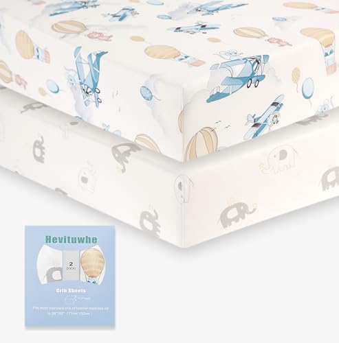Image of Hevituwhe Sheets for Baby Crib Standard Crib Sheets Fitted Sheets for Boys or Girls with Green Elephant Flower and Bear Balloon 2Pack