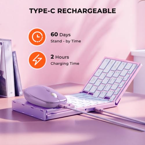 Image of MEETION Foldable Bluetooth Keyboard and Mouse, Portable Combo Purple | Slim foldable keyboard and mouse set with a soft travel pouch, rechargeable and multi-device connection for work on the go