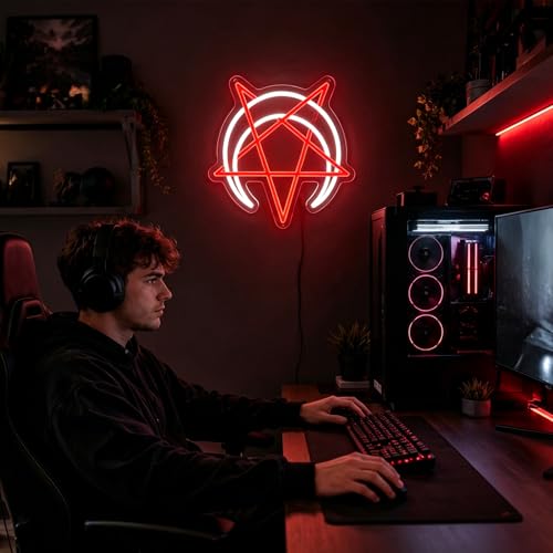 Image of Moon Neon Sign for Wall Decor Light Up Sign Pentagram Led Signs for Room Party Home Wall Decor USB Powered