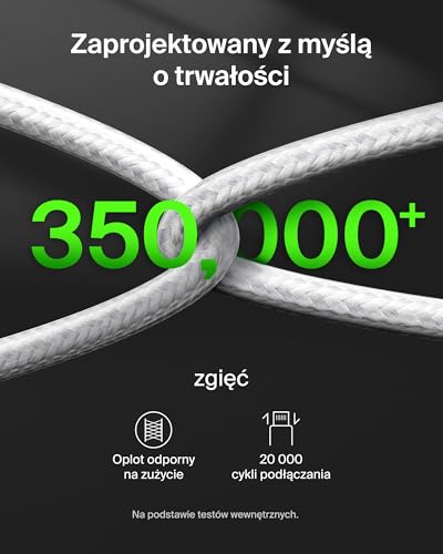 Belkin BoostCharge Pro Kabel Ładujący USB-C na USB-C 2 w 1 140 W, Podwójny Kabel w Oplocie do Szybkiego Ładowania z Funkcją Współdzielenia Mocy do MacBooka, iPhone’a, iPada, Samsunga, Pixela – Biały