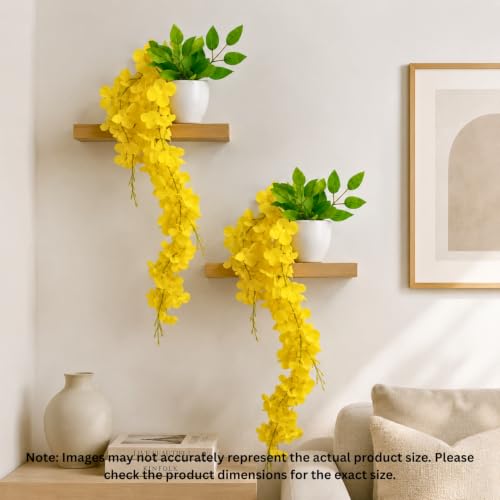 Image of fancymart Artificial Flower Yellow Wisteria Hanging Plant with White Pot, 60 cm Height, Pack of 2, Realistic Floral Vine for Home, Office, Living Room & Wall Decor