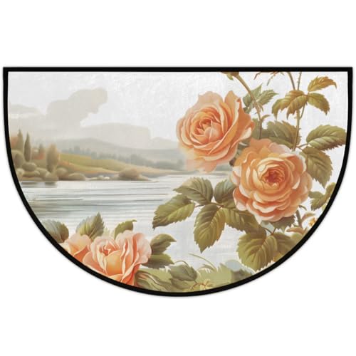 Image of cfpolar Half Round Door Mat Vintage Rose Flower Non-Slip Semi Circle Area Rug Washable Half Moon Hearth Rugs for Indoor Outdoor Bathroom Kitchen Patio Runner Mat Laundry Room Home Decoration
