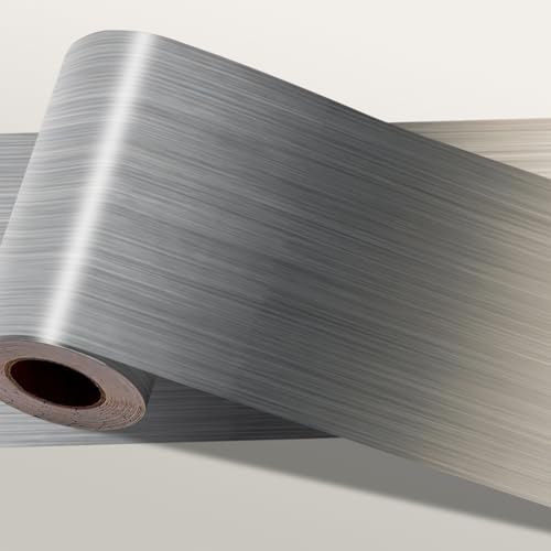 IOHEFY Bordo per carta da parati a strisce metalliche, 400 x 10 cm, con pellicola adesiva e pellicola adesiva color grigio argento, motivo in metallo spazzolato, rimovibile, per cucina, bagno