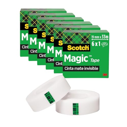 Scotch Magic Cinta Adhesiva Invisible, Paquete de 6 Rollos de 19 mm x 33 m, Cinta Adhesiva de Uso General para Reparación, Etiquetado y Sellado de Paquetes y Documentos