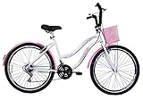 Bicicleta Aro 26 Feminina Beach Retrô 18 Marchas Branca e Rosa