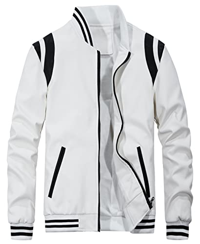Image of chouyatou Men's Casual Color-Block Patches Full Zip Fleece Lined Pu Leather Varsity Bomber Jacket