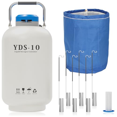 Treasea 10L Liquid Nitrogen Container – Aluminum Alloy LN2 Dewar，Cryogenic Liquid Nitrogen Tank with 6 Canisters and Carry Bag (10L)