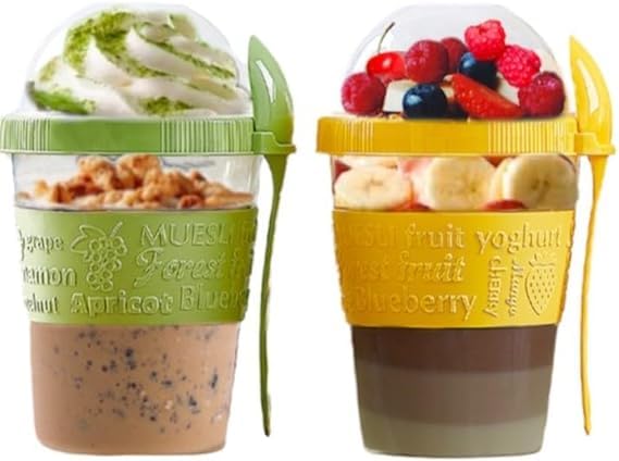 4All Yogurt Pots Reuseable 600ml Overnight Oats container With Lid & Spoon 20oz BPA free Breakfast Pots to GO Cereal On the Go Lunch Oatmeal Jars (Yellow,Green)