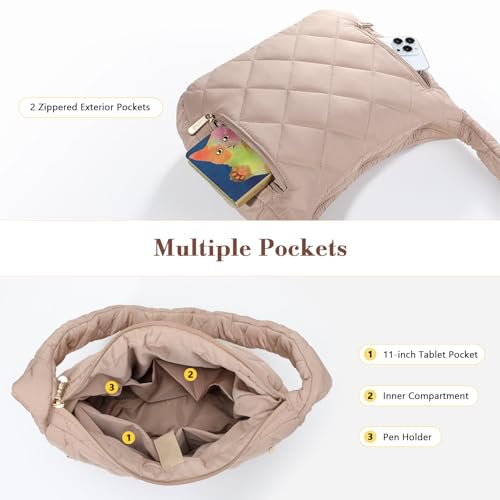 Image of MoKo Puffer Tote Bag with Detachable Strap Small Puffy Crossbody Shoulder Bag, Lightweight Soft Quilted Padding Hobo Bag with Multiple Pockets up to 11inch iPad /Tablets, Coffee