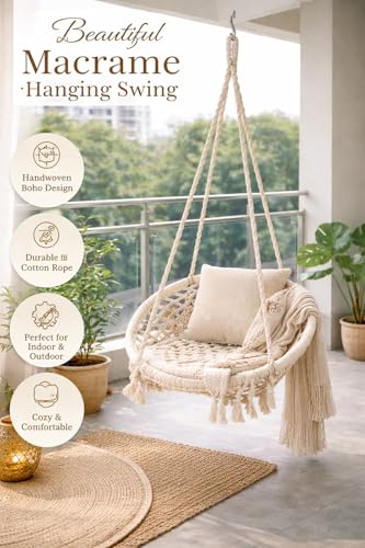 Image of Round Cotton Home Swing for Adults & Kids || Hammock Hanging Swing for Balcony, Indoor & Outdoor|| Wooden Swing Chair|| Handmade Home Jhula || Capacity Upto 120 Kgs