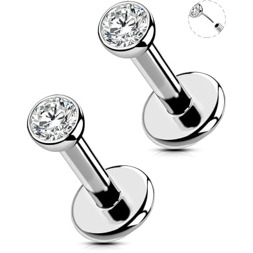 OUFER 2Pcs 20G/18G/16G G23 Titanium Threadless Nose Stud Earrings Flat Back Tiny CZ Small Nose Helix Cartilage Tragus Conch Labret Medusa Monroe Piercing Jewelry for Women Men Silver 2pcs, 1