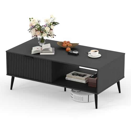 Coffee Table with Storage, Wooden Coffee Tables with Sliding Door and Solid Wood Legs, 2-Tier Cocktail Table, Mid Century Modern Coffee Table for Living Room, Home, Office, Farmhouse, Black