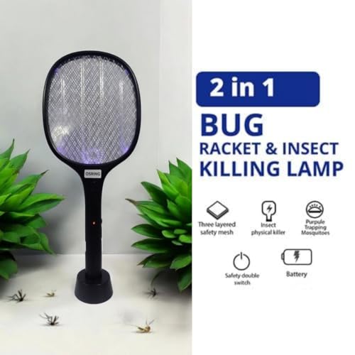 Image of osring 2 in 1 UV Light Mosquito Bat Racket Electric Fly Swatter with Base Stand, Lithium Battery, USB Type-C Charging, Black, Made in India