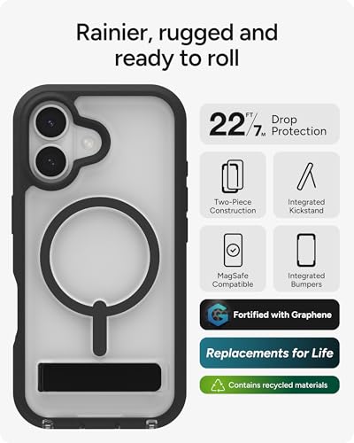 Image of ZAGG Rainier Case with Kickstand for iPhone 17 - Black, Graphene 22ft (7m) Drop Protection, Lanyard Attach Points, MagSafe, Wireless Charging Compatible, 2-Piece Design, Phone Case