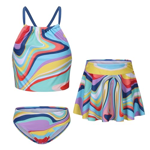 Image of Girls 3 Piece Swimsuits for Teen Girls Bikini Set with Skirt Hawaiian Bathing Suits Beach Swimwear 3-16 Years