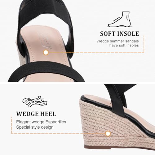 Jeossy Women's Wedge Platform Black Sandals, Espadrille Comfort Elastic Ankle Strap 8801 Sandals4