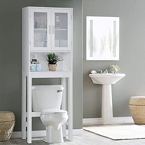 BestComfort Wooden Over The Toilet Storage Cabinet, Home Bathroom Space Saver, Double Doors, Adjustable Shelf Organizer, Open Storage Shelf, Freestanding Toilet Storage Rack Unit Cover