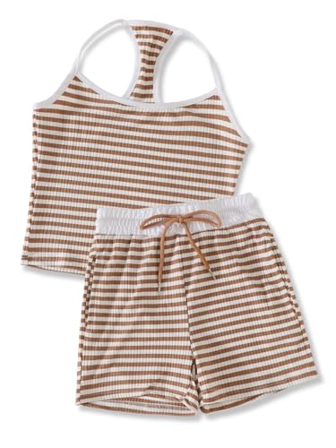 Klyatpxoen Girls Clothes 2 Piece Size 11 12 Striped Sleeveless Halter Tank Top Drawstring Elastic Shorts Teen Girls Summer Outfits Clothing Casual Sets Orange(11-12Y)