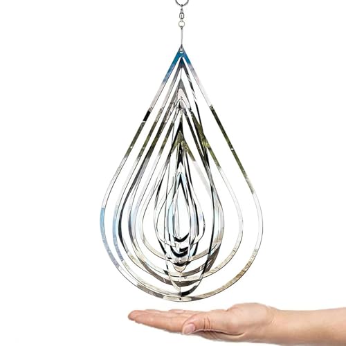 Wind Spinner Stainless Steel 3D Flowing Light Effect Decoration for Outdoor Garden Hanging Decor Gifts 15.75“x 8“ Silver Water Drop-Shaped Spinners with 360° Rotating Hook
