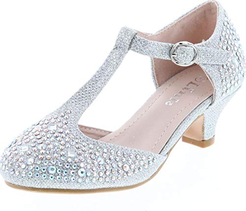 Link Jemma-12K Girls Youth Pageant Jewel Rhine Stone Mary Jane High Heel Dress Shoes,Silver -12K,9