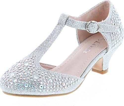 Link Jemma-12K Girls Youth Pageant Jewel Rhine Stone Mary Jane High Heel Dress Shoes,Silver -12K,4