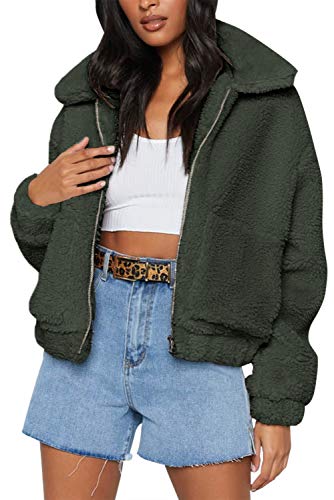 MEROKEETY Women's Sherpa Jacket Lapel Zip Up Fleece Fuzzy Faux Warm Oversized Outwear Coat with Pockets Green M