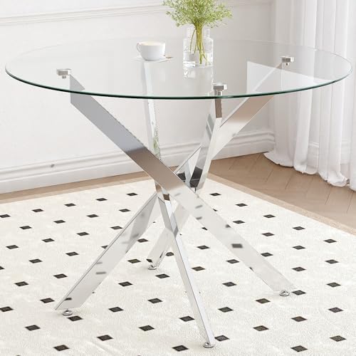 GOLDFAN Table a Manger Ronde, Table Salle a Mnger en Verre Moderne 80 cm Petite de Cuisine pour 4 Personnes, Pieds en Métal Argenté Chromé