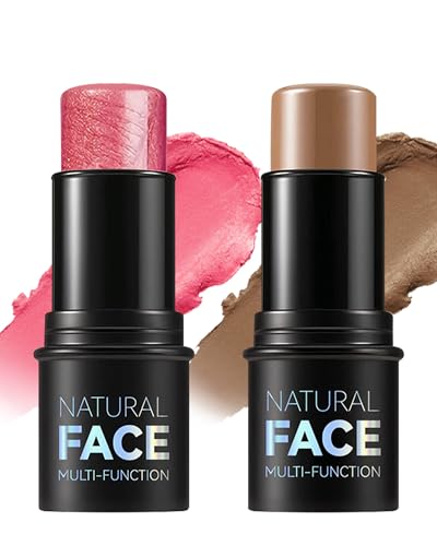 2Pcs Rouge & Contouring Stick, Smooth Cream Multi-use Face Makeup Stick, Langanhaltende Wasserdicht, Hochpigmentiertes Blush Bronzer Wand für alle Hauttypen geeignet, Geschenke für Frauen-03+04