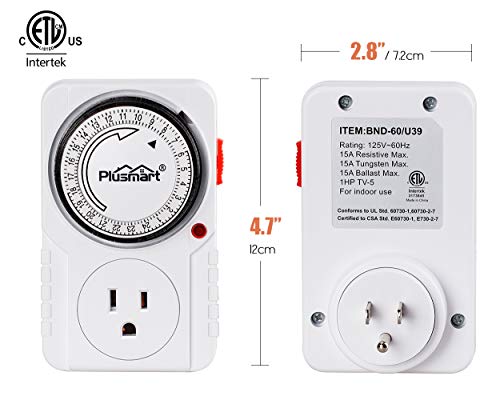 Plusmart 24 Hour Plug-in Programmable Lights Timer for Electrical Outlets, 3-Prong Grounded Sockets for Lamps Fans Christmas String Lights, Indoor,1875W,15Amp, ETL Listed, 2Pack