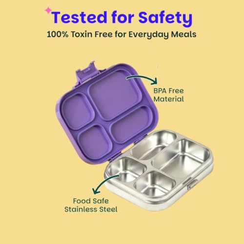 Image of Basil Bento Box Quad - 4 Compartment Stainless Steel Lunch Box with BPA-Free Plastic Lid | 800 ml Leak-Proof Tiffin Box for Kids & Adults | Premium School, Office, and Picnic Lunch Box - Purple Pop