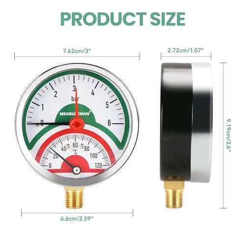 Thermo-Manometer, 3 Zifferblatt, 0-6Bar/120°C, schwarzes Stahlgehäuse, G1/2 Unteranschluss