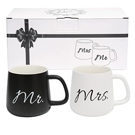 Cymax Juego de 2 tazas de café de Mr Mrs, regalo de boda, perfecto para café, té y agua, regalo para ducha de novia, compromiso, día de San Valentín, aniversario y Navidad