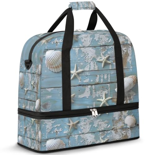 Travel Duffel Bag with Shoe Compartment, Starfishes Shells Shoulder Weekender Bags for Women, Foldable Waterproof Travel Bag Carry on Bag